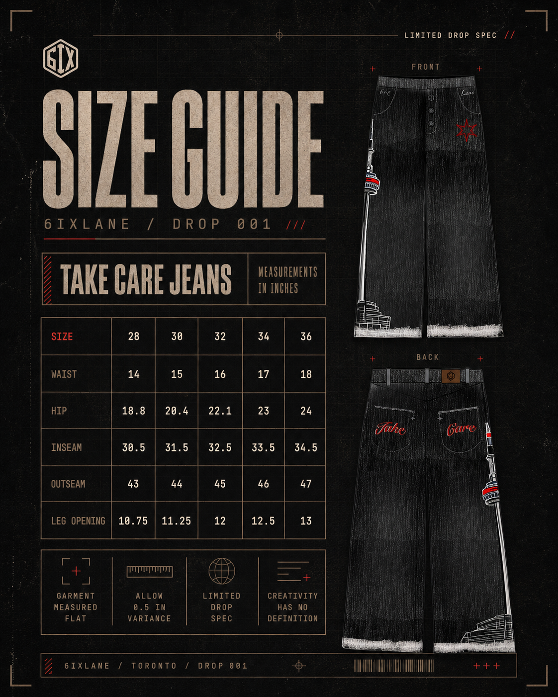 6ixlane product size chart