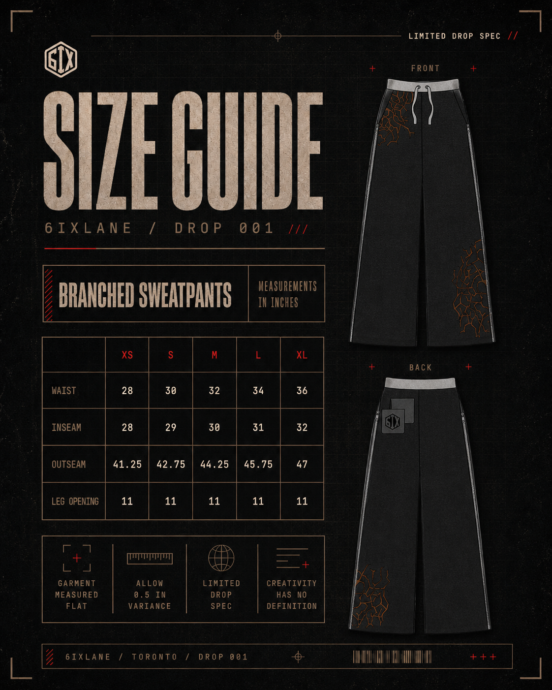 6ixlane product size chart